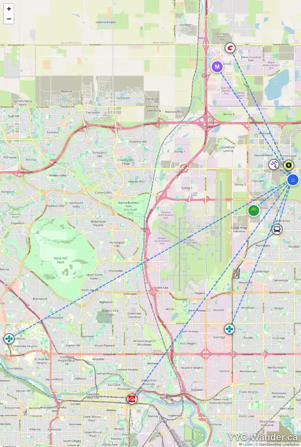 Daily accessibility map for 89 CORNER RIDGE ME NE, Calgary showing nearby schools, grocery stores, parks, LRT stations and nearby amenities