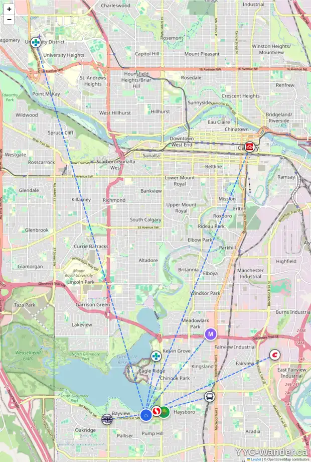 Daily accessibility map for 1808 BAY SHORE RD SW, Calgary showing nearby schools, grocery stores, parks, LRT stations and nearby amenities