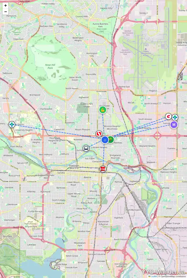 Daily accessibility map for 2 407 14 AV NE, Calgary showing nearby schools, grocery stores, parks, LRT stations and nearby amenities