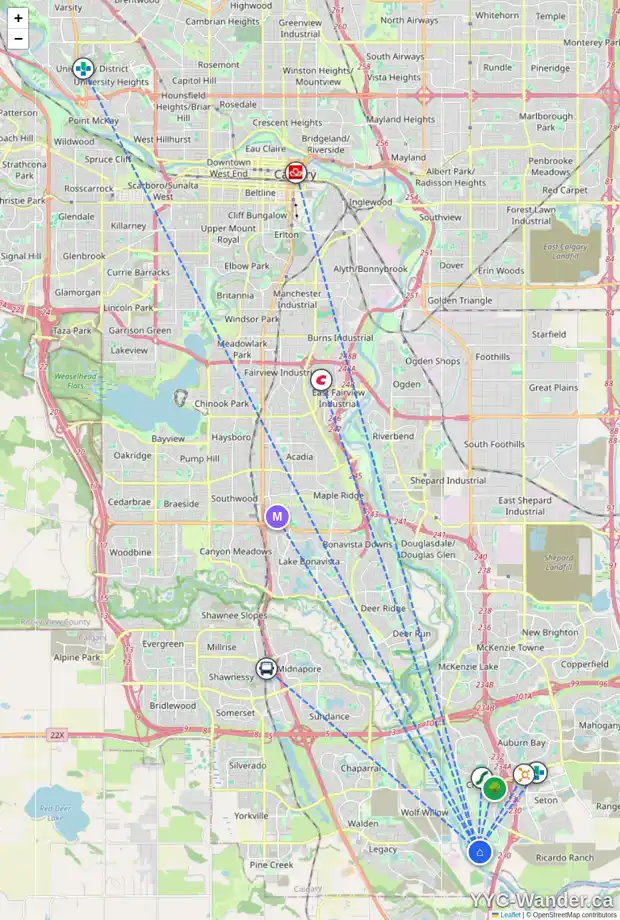 Daily accessibility map for 48 CRANBROOK ME SE, Calgary showing nearby schools, grocery stores, parks, LRT stations and nearby amenities