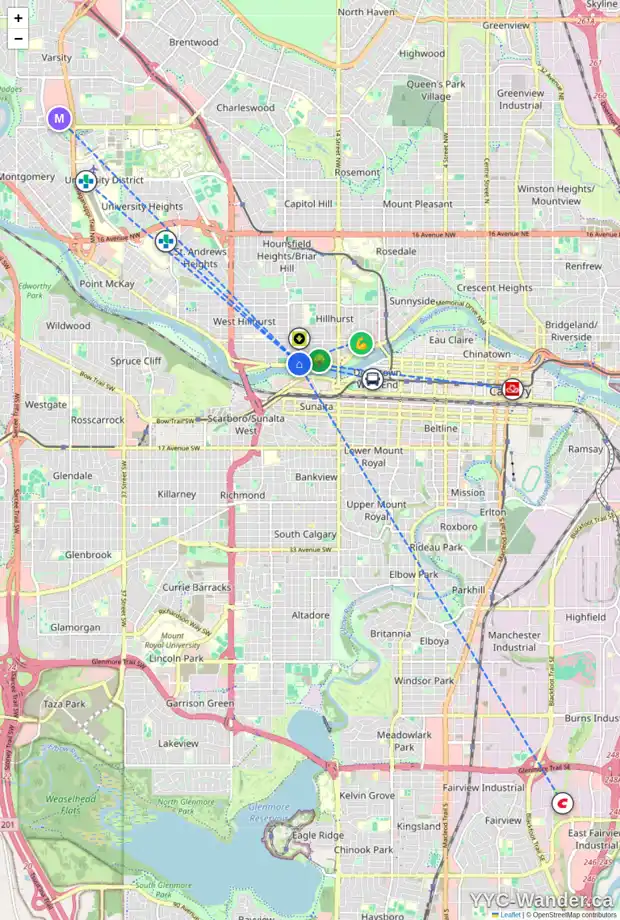 Daily accessibility map for 1910 WESTMOUNT BV NW, Calgary showing nearby schools, grocery stores, parks, LRT stations and nearby amenities