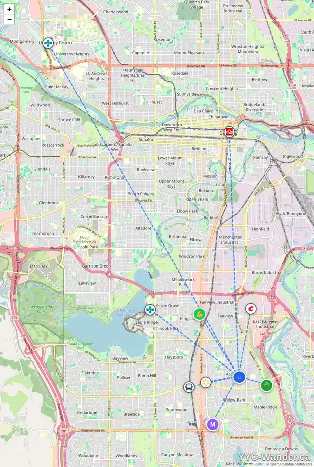Daily accessibility map for 9516 5 ST SE, Calgary showing nearby schools, grocery stores, parks, LRT stations and nearby amenities