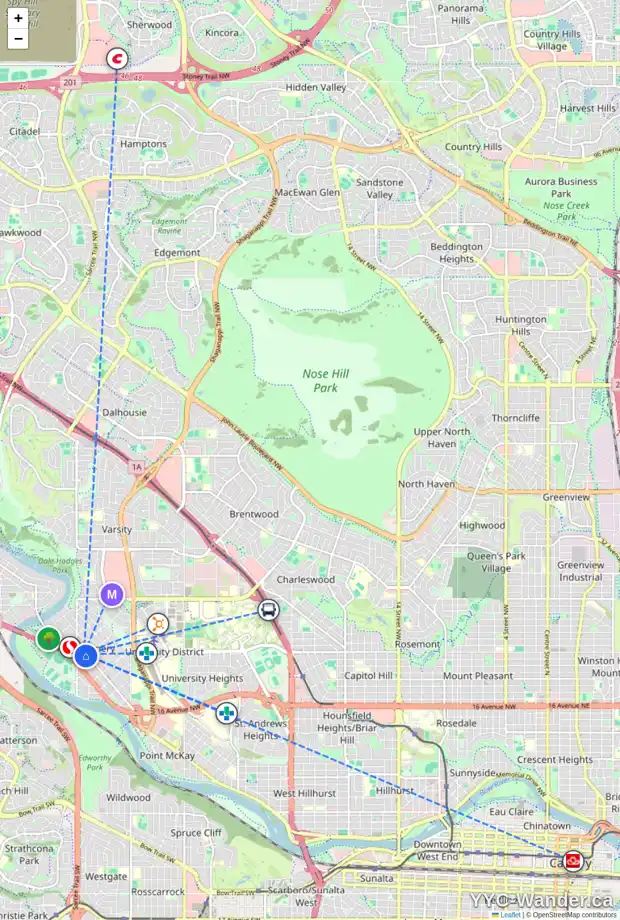 Daily accessibility map for 2 4811 BOWNESS RD NW, Calgary showing nearby schools, grocery stores, parks, LRT stations and nearby amenities
