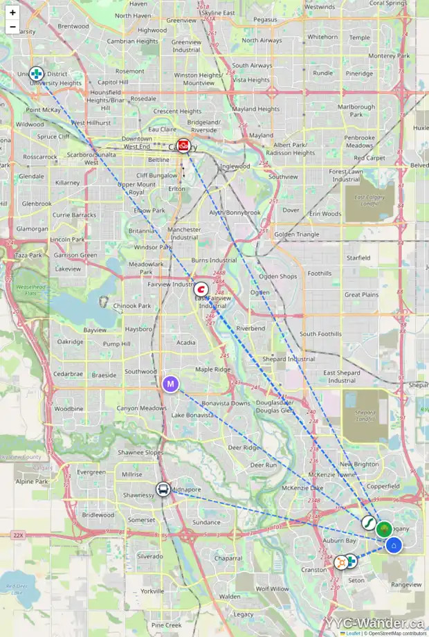 Daily accessibility map for 271 MARINA GV SE, Calgary showing nearby schools, grocery stores, parks, LRT stations and nearby amenities