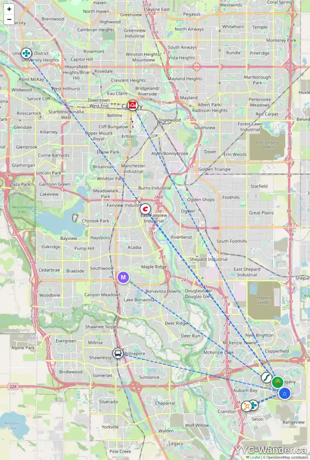 Daily accessibility map for 279 MARINA GV SE, Calgary showing nearby schools, grocery stores, parks, LRT stations and nearby amenities