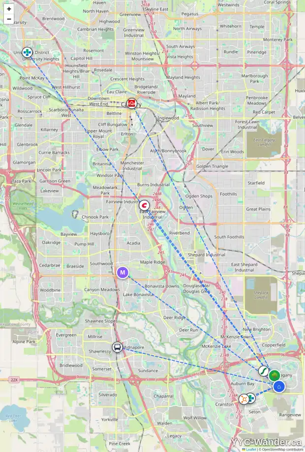Daily accessibility map for 232 MARINA GV SE, Calgary showing nearby schools, grocery stores, parks, LRT stations and nearby amenities