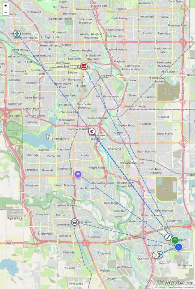 Daily accessibility map for 252 MARINA GV SE, Calgary showing nearby schools, grocery stores, parks, LRT stations and nearby amenities