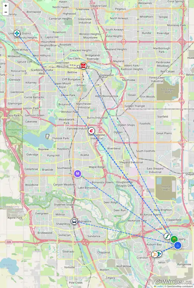 Daily accessibility map for 212 MARINA LD SE, Calgary showing nearby schools, grocery stores, parks, LRT stations and nearby amenities