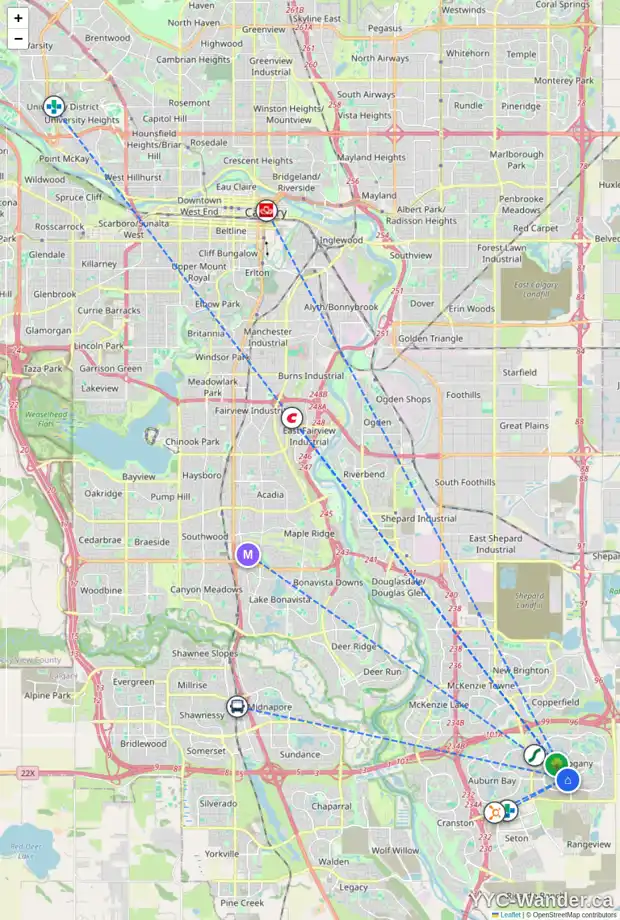 Daily accessibility map for 351 MARINA LD SE, Calgary showing nearby schools, grocery stores, parks, LRT stations and nearby amenities