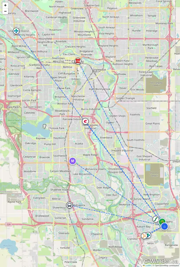 Daily accessibility map for 315 MARINA LD SE, Calgary showing nearby schools, grocery stores, parks, LRT stations and nearby amenities