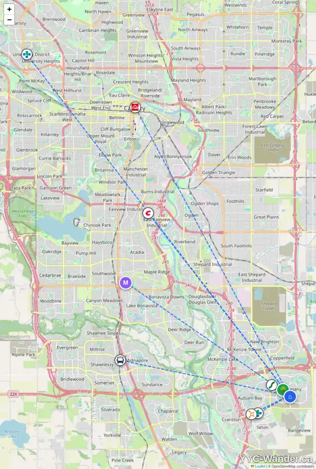 Daily accessibility map for 150 MARINA LD SE, Calgary showing nearby schools, grocery stores, parks, LRT stations and nearby amenities