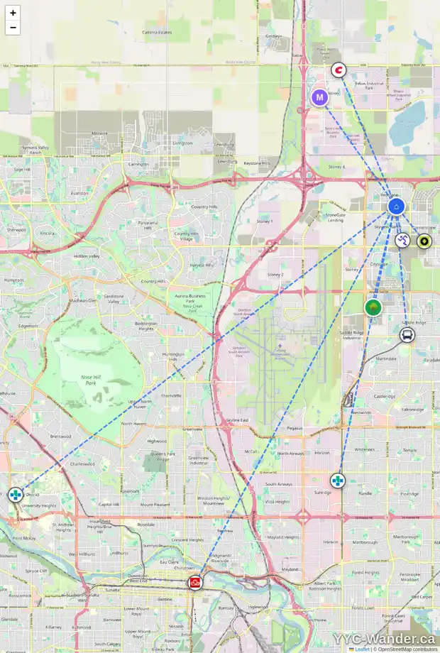 Daily accessibility map for 614 32 RED EMBERS PR NE, Calgary showing nearby schools, grocery stores, parks, LRT stations and nearby amenities
