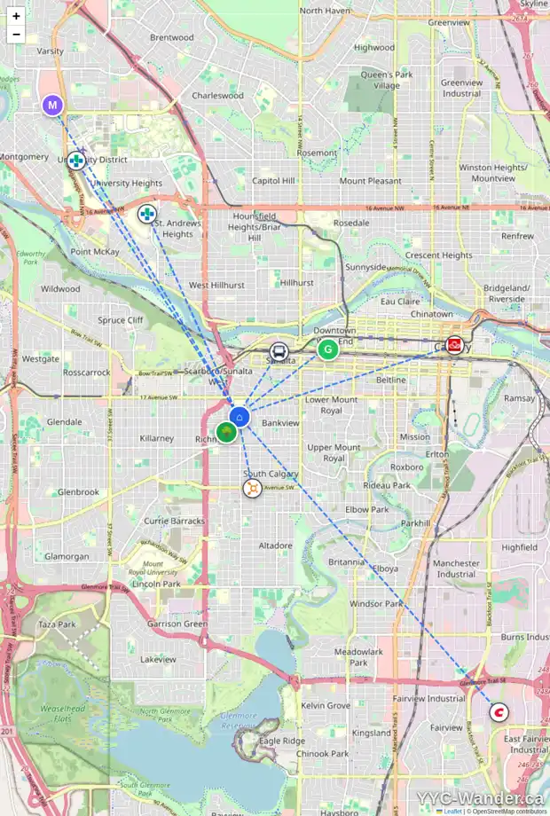 Daily accessibility map for 2119 20 AV SW, Calgary showing nearby schools, grocery stores, parks, LRT stations and nearby amenities