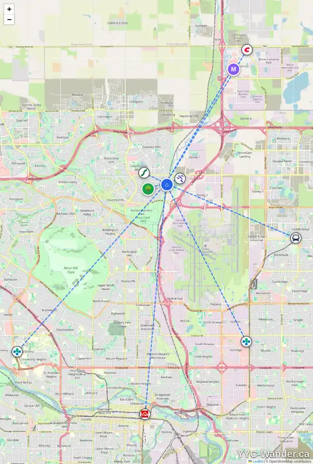 Daily accessibility map for 202 HARVEST GROVE WK NE, Calgary showing nearby schools, grocery stores, parks, LRT stations and nearby amenities