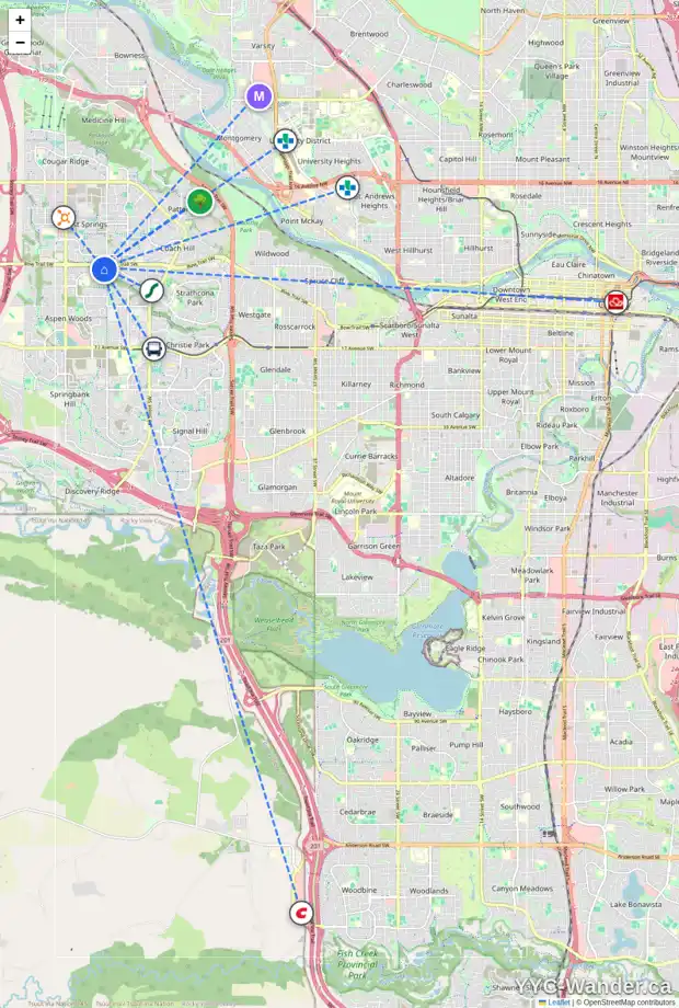 Daily accessibility map for 1477 STRATHCONA DR SW, Calgary showing nearby schools, grocery stores, parks, LRT stations and nearby amenities