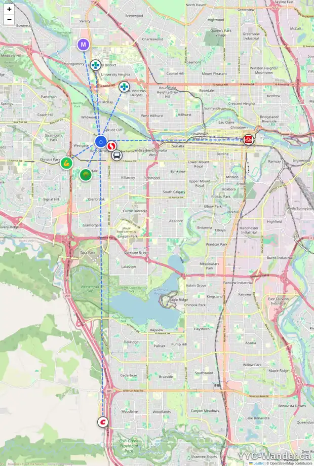 Daily accessibility map for 4123 7 AV SW, Calgary showing nearby schools, grocery stores, parks, LRT stations and nearby amenities
