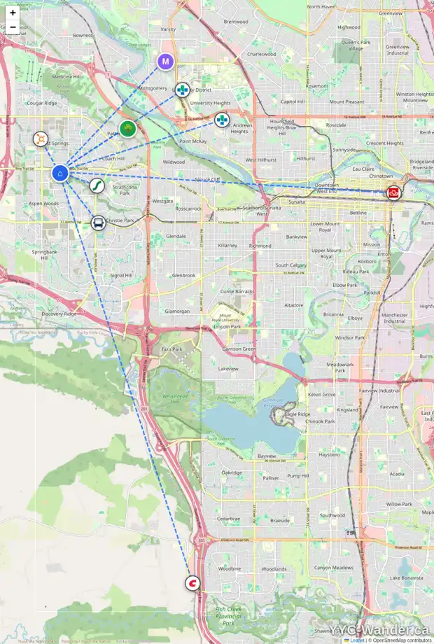 Daily accessibility map for 1533 STRATHCONA DR SW, Calgary showing nearby schools, grocery stores, parks, LRT stations and nearby amenities