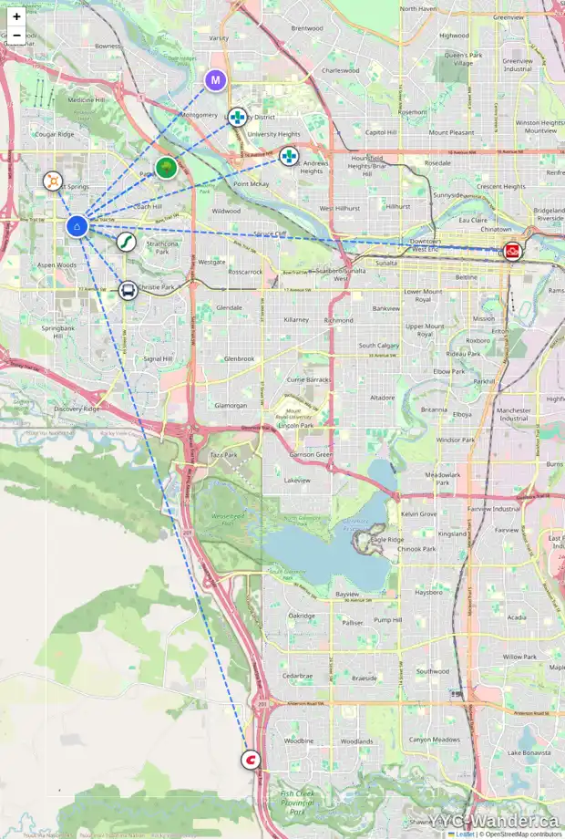 Daily accessibility map for 1545 STRATHCONA DR SW, Calgary showing nearby schools, grocery stores, parks, LRT stations and nearby amenities