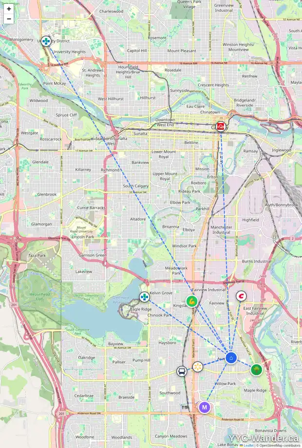 Daily accessibility map for 9407 ALBANY PL SE, Calgary showing nearby schools, grocery stores, parks, LRT stations and nearby amenities