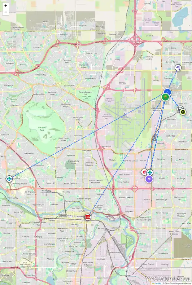 Daily accessibility map for 62 SAVANNA VI NE, Calgary showing nearby schools, grocery stores, parks, LRT stations and nearby amenities