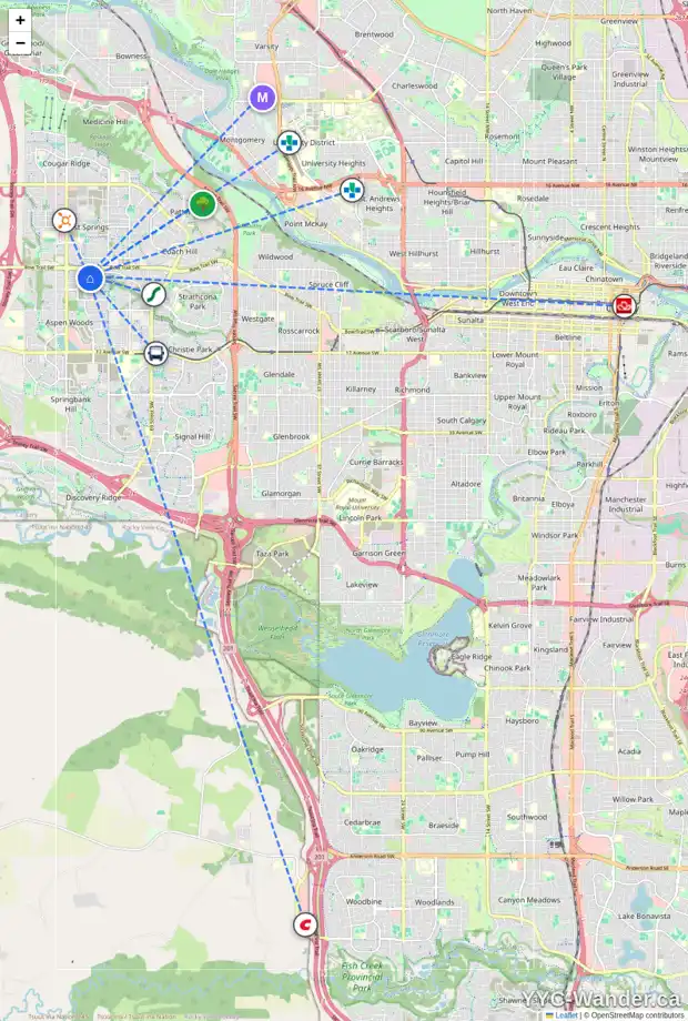 Daily accessibility map for 1573 STRATHCONA DR SW, Calgary showing nearby schools, grocery stores, parks, LRT stations and nearby amenities