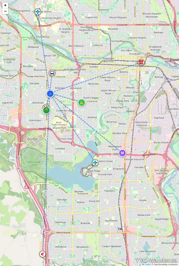 Daily accessibility map for 3604 28 AV SW, Calgary showing nearby schools, grocery stores, parks, LRT stations and nearby amenities