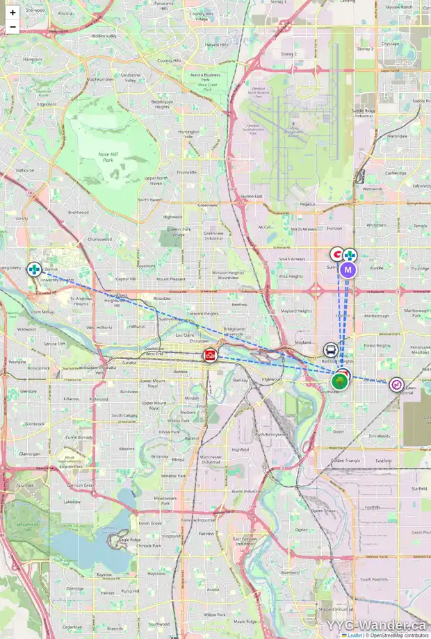 Daily accessibility map for 3206 16 AV SE, Calgary showing nearby schools, grocery stores, parks, LRT stations and nearby amenities