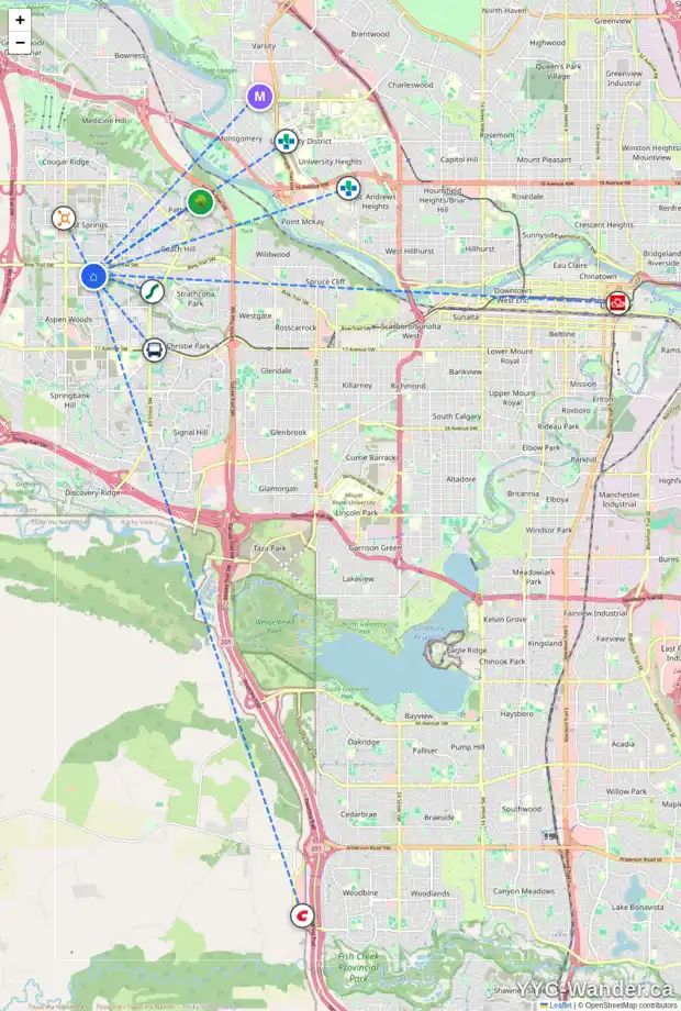 Daily accessibility map for 1548 STRATHCONA DR SW, Calgary showing nearby schools, grocery stores, parks, LRT stations and nearby amenities