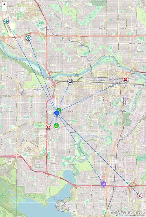 Daily accessibility map for 2118 27 AV SW, Calgary showing nearby schools, grocery stores, parks, LRT stations and nearby amenities
