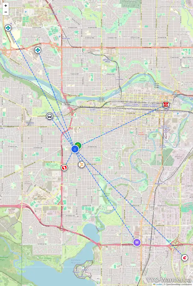 Daily accessibility map for 2120 27 AV SW, Calgary showing nearby schools, grocery stores, parks, LRT stations and nearby amenities