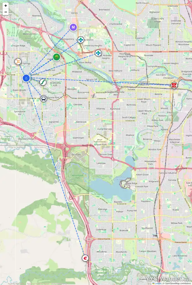 Daily accessibility map for 1552 STRATHCONA DR SW, Calgary showing nearby schools, grocery stores, parks, LRT stations and nearby amenities