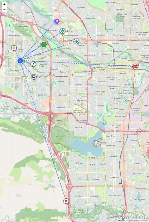 Daily accessibility map for 1556 STRATHCONA DR SW, Calgary showing nearby schools, grocery stores, parks, LRT stations and nearby amenities