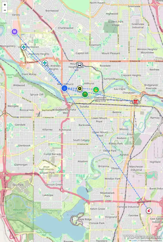 Daily accessibility map for 2411 1 AV NW, Calgary showing nearby schools, grocery stores, parks, LRT stations and nearby amenities
