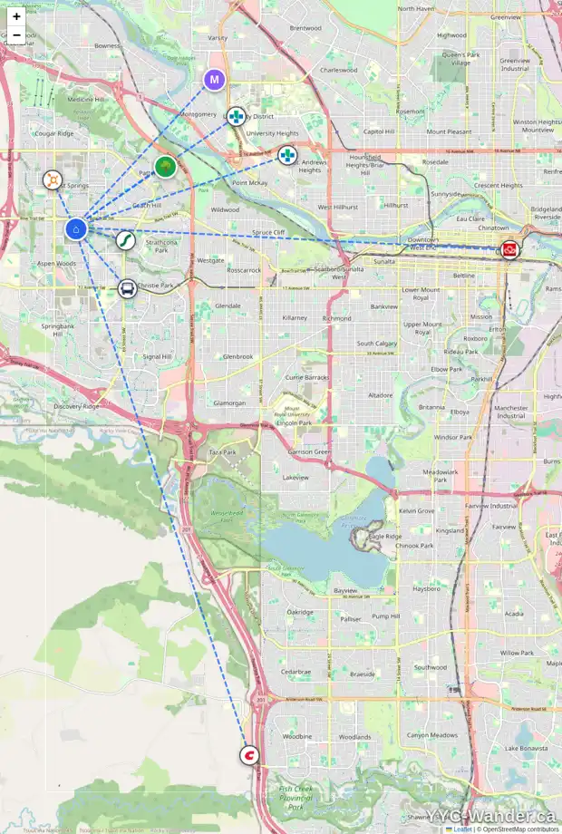 Daily accessibility map for 1560 STRATHCONA DR SW, Calgary showing nearby schools, grocery stores, parks, LRT stations and nearby amenities
