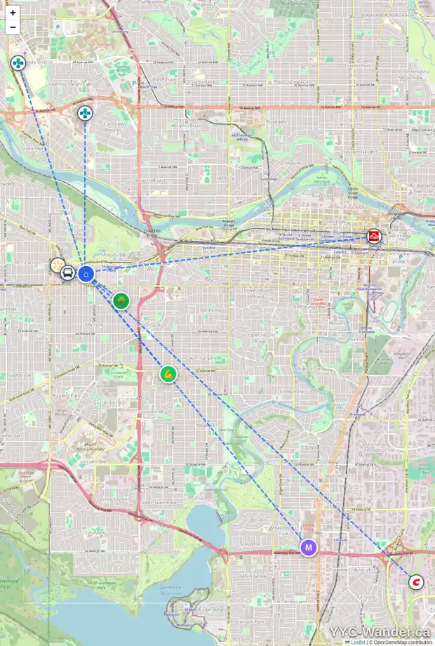 Daily accessibility map for 3118 14 AV SW, Calgary showing nearby schools, grocery stores, parks, LRT stations and nearby amenities
