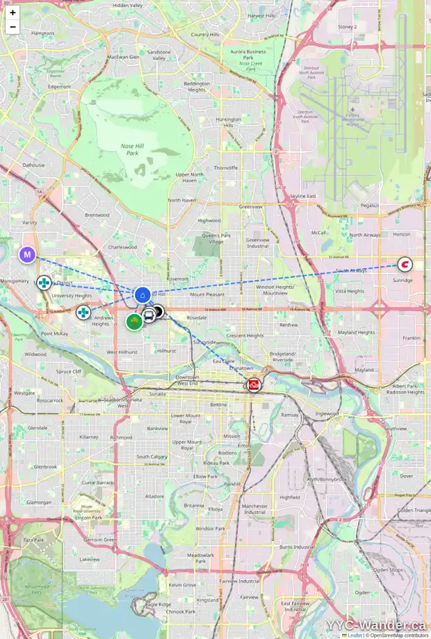 Daily accessibility map for 2167 19 ST NW, Calgary showing nearby schools, grocery stores, parks, LRT stations and nearby amenities