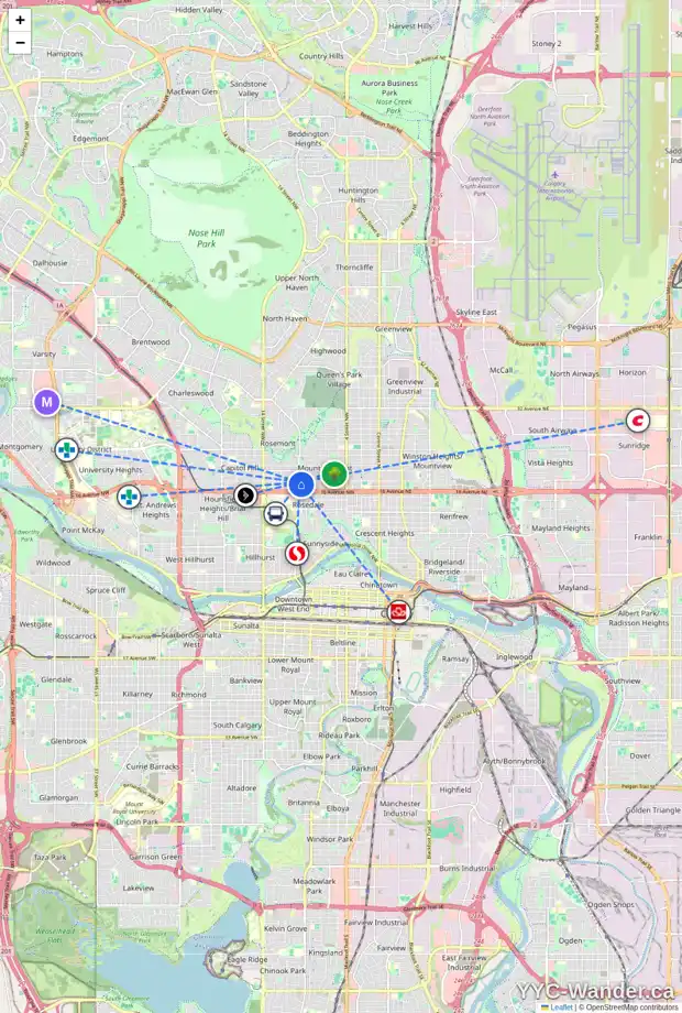 Daily accessibility map for 1836 10 ST NW, Calgary showing nearby schools, grocery stores, parks, LRT stations and nearby amenities