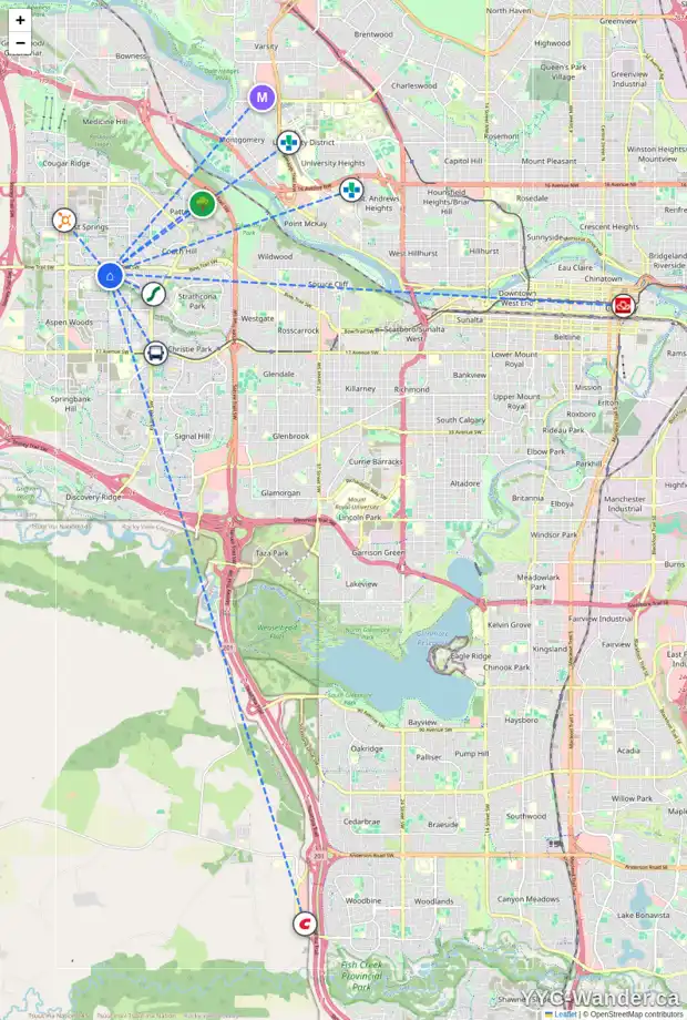 Daily accessibility map for 1450 STRATHCONA DR SW, Calgary showing nearby schools, grocery stores, parks, LRT stations and nearby amenities