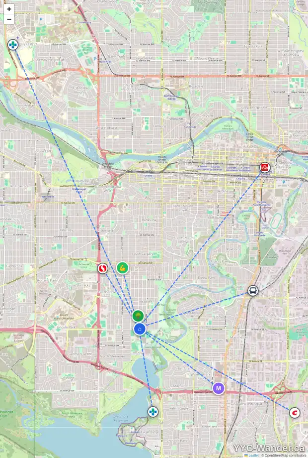 Daily accessibility map for 1750 50 AV SW, Calgary showing nearby schools, grocery stores, parks, LRT stations and nearby amenities