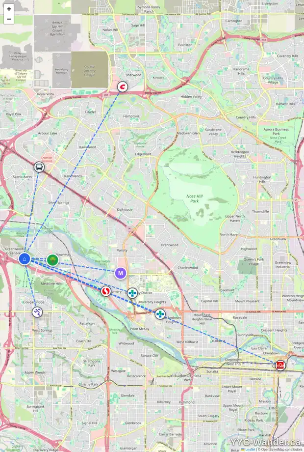 Daily accessibility map for 37 GREENBRIAR PL NW, Calgary showing nearby schools, grocery stores, parks, LRT stations and nearby amenities