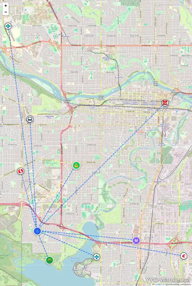 Daily accessibility map for 3412 LANCASTER WY SW, Calgary showing nearby schools, grocery stores, parks, LRT stations and nearby amenities