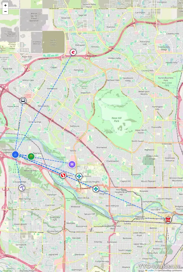 Daily accessibility map for 202 81 GREENBRIAR PL NW, Calgary showing nearby schools, grocery stores, parks, LRT stations and nearby amenities