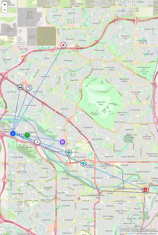 Daily accessibility map for 228 81 GREENBRIAR PL NW, Calgary showing nearby schools, grocery stores, parks, LRT stations and nearby amenities