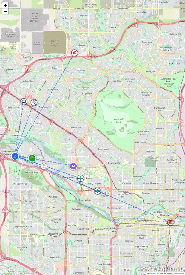 Daily accessibility map for 234 81 GREENBRIAR PL NW, Calgary showing nearby schools, grocery stores, parks, LRT stations and nearby amenities