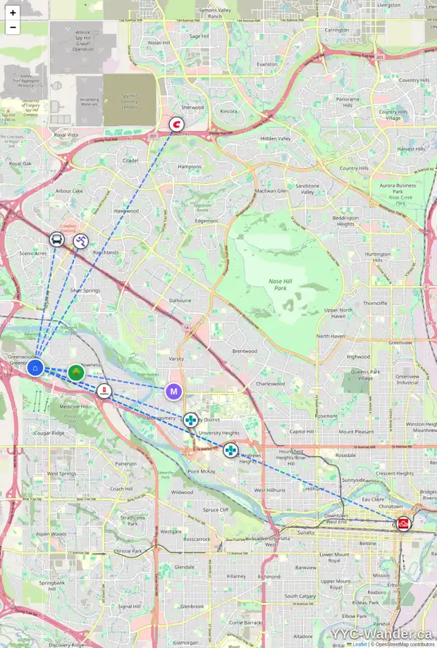 Daily accessibility map for 162 GREENBRIAR WY NW, Calgary showing nearby schools, grocery stores, parks, LRT stations and nearby amenities
