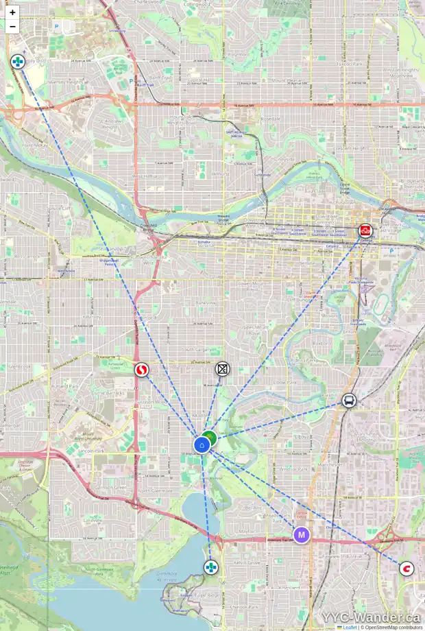 Daily accessibility map for 1703 48 AV SW, Calgary showing nearby schools, grocery stores, parks, LRT stations and nearby amenities