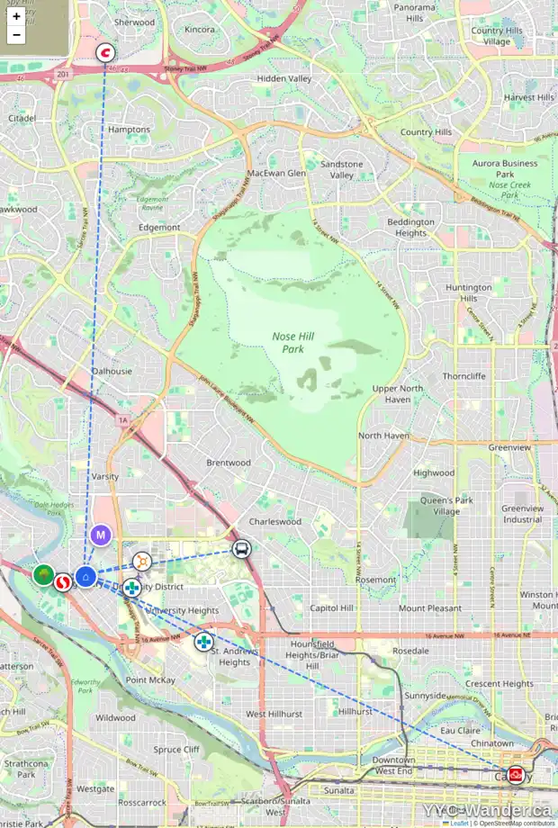 Daily accessibility map for 4836 20 AV NW, Calgary showing nearby schools, grocery stores, parks, LRT stations and nearby amenities