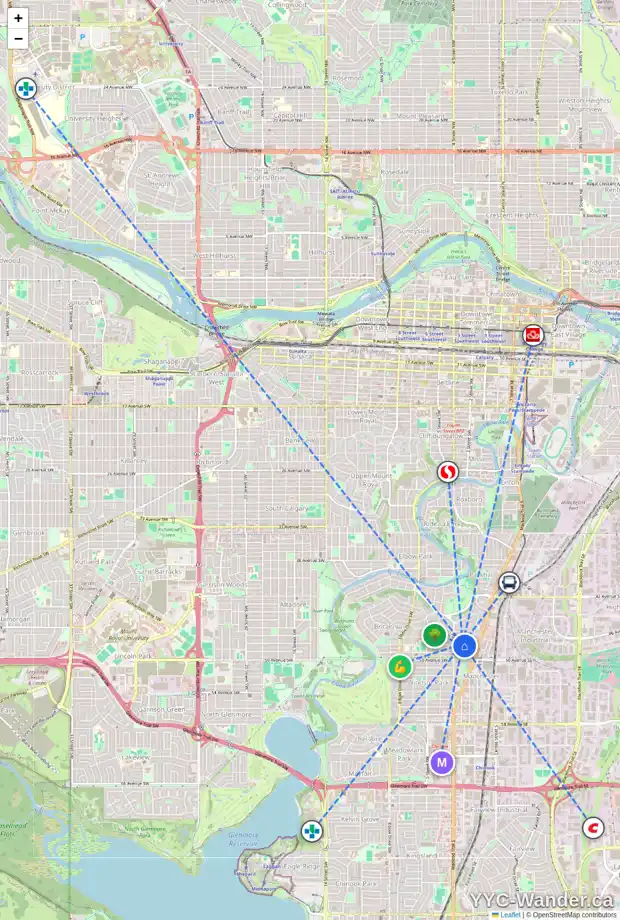 Daily accessibility map for 327 47 AV SW, Calgary showing nearby schools, grocery stores, parks, LRT stations and nearby amenities