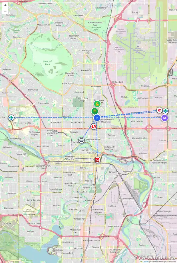 Daily accessibility map for 236 24 AV NE, Calgary showing nearby schools, grocery stores, parks, LRT stations and nearby amenities