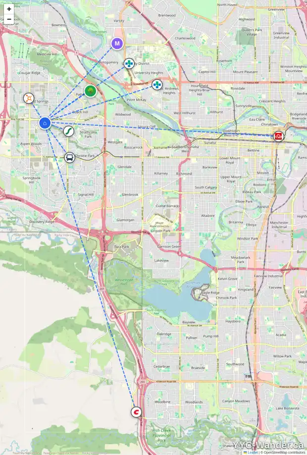 Daily accessibility map for 1502 STRATHCONA DR SW, Calgary showing nearby schools, grocery stores, parks, LRT stations and nearby amenities